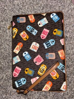 Michael Kors Brown Wristlet Clutch with Multicolor Tag Print